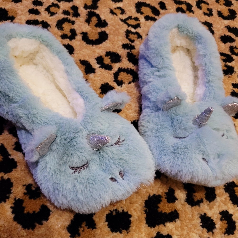 Juniors Mint Blue Unicorn Slippers